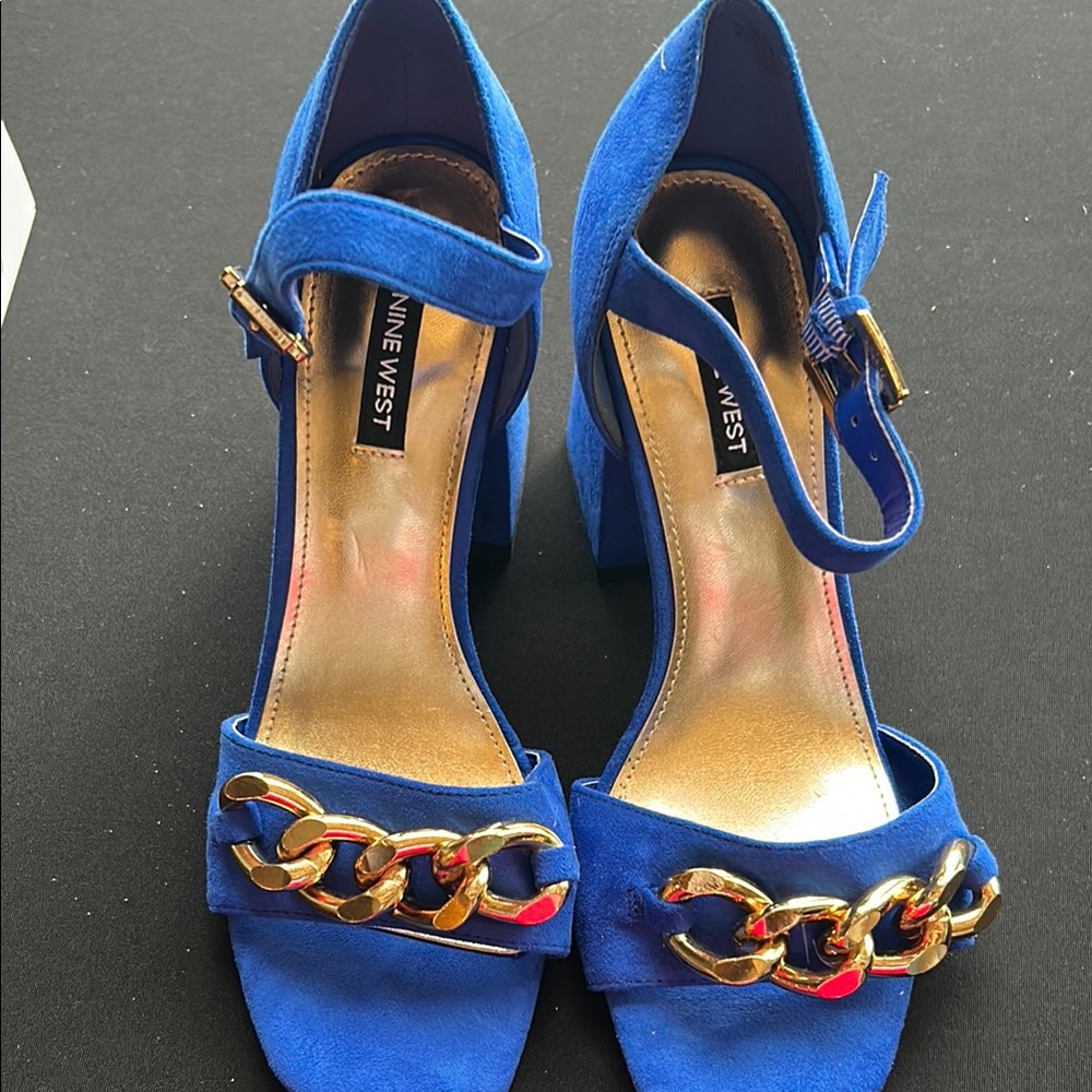 Nine West Blue Heeled Sandals with Gold Chain